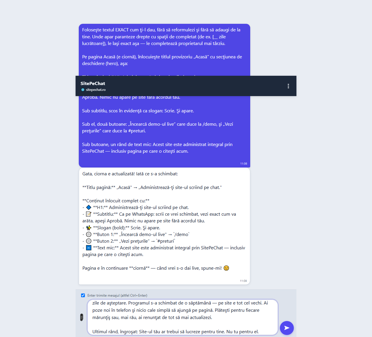 Captură din chat — exemplu de cerere trimisă în SitePeChat