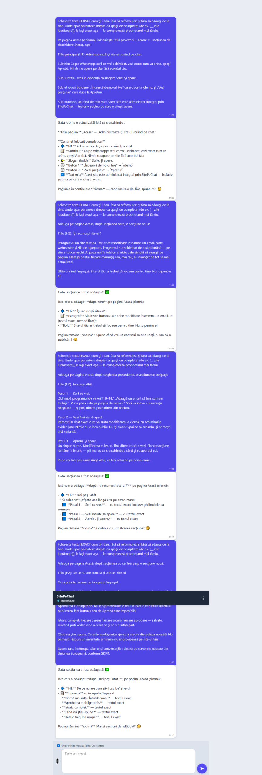 Captură din chat — exemplu de răspuns cu ciornă în SitePeChat