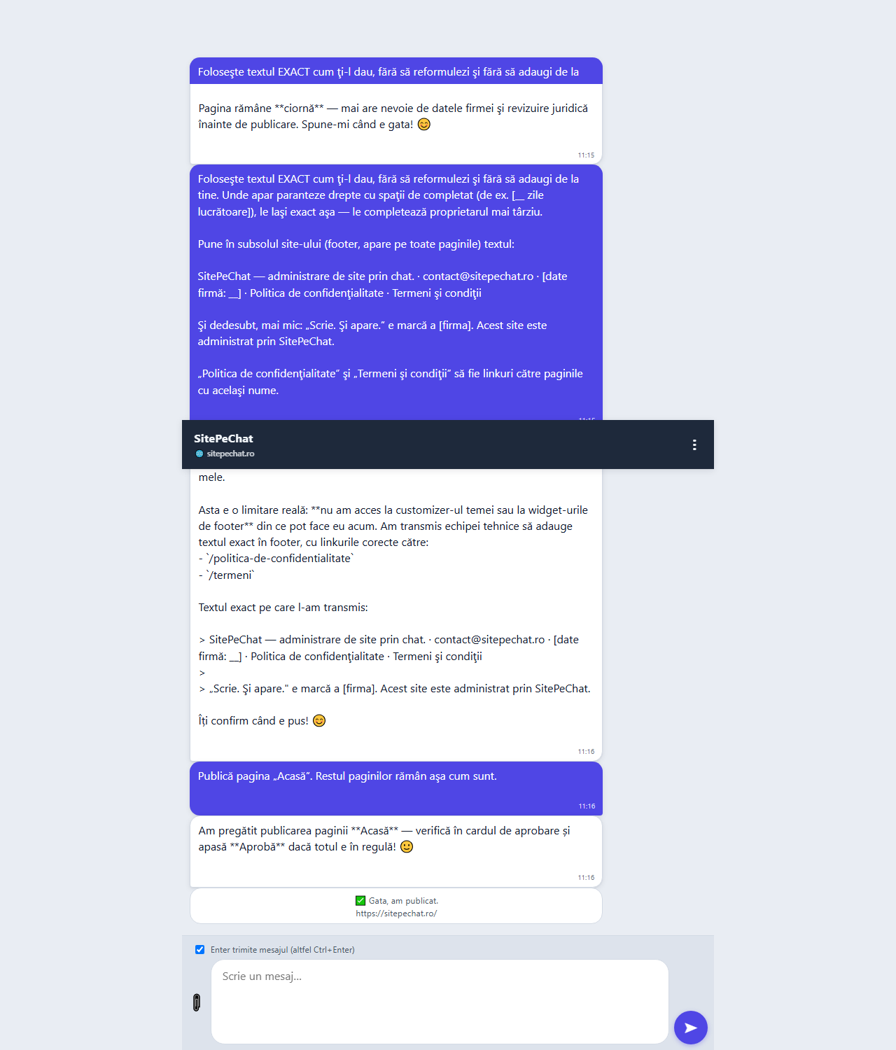Captură din chat — exemplu de card de aprobare în SitePeChat