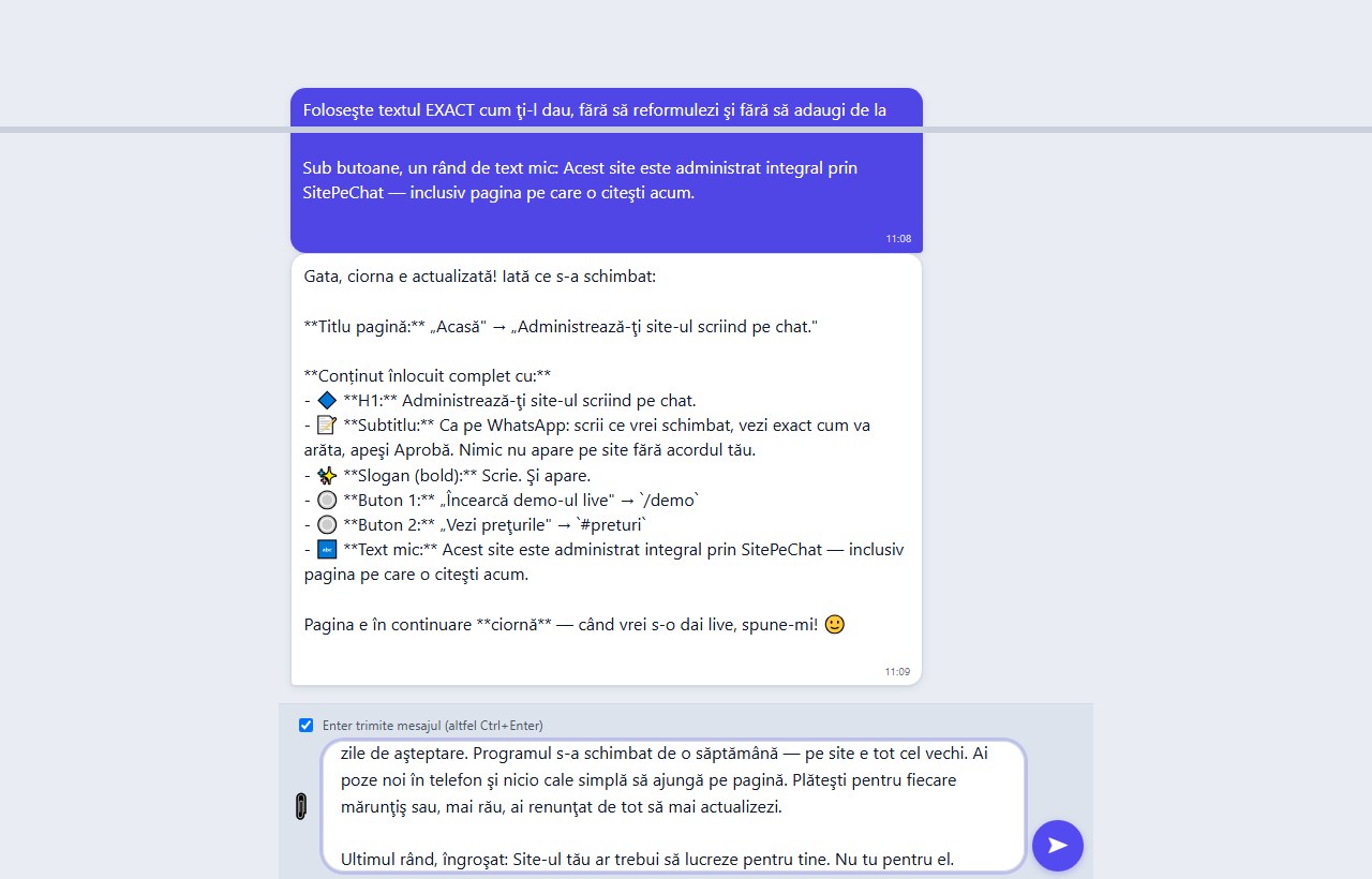 Captură din chat — exemplu de cerere trimisă în SitePeChat
