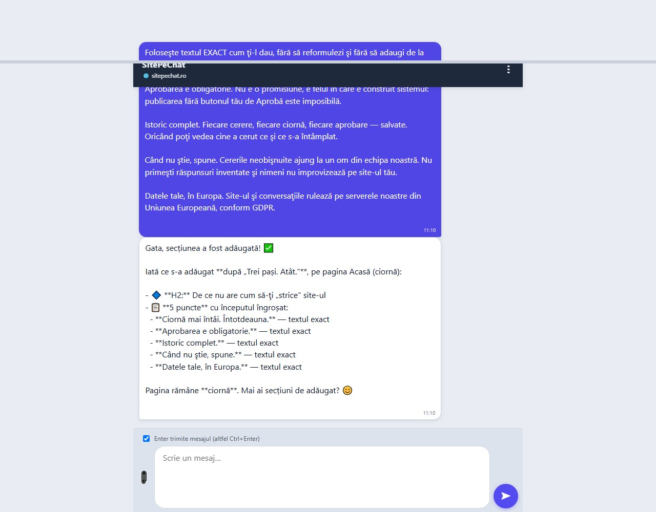 Captură din chat — exemplu de răspuns cu ciornă în SitePeChat