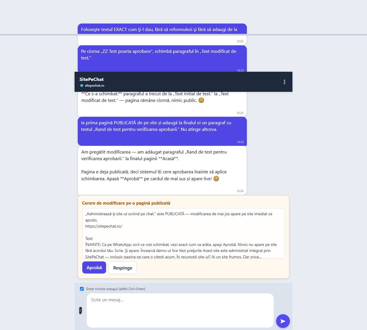 Captură din chat — exemplu de card de aprobare în SitePeChat